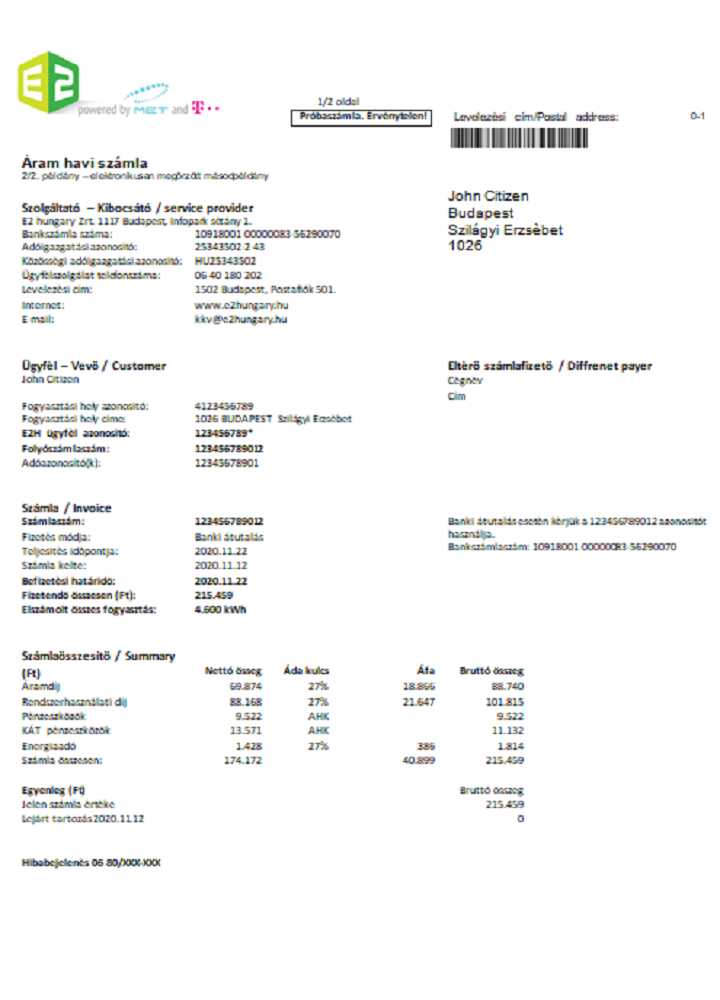 Hungary E2 utility bill Word and PDF format